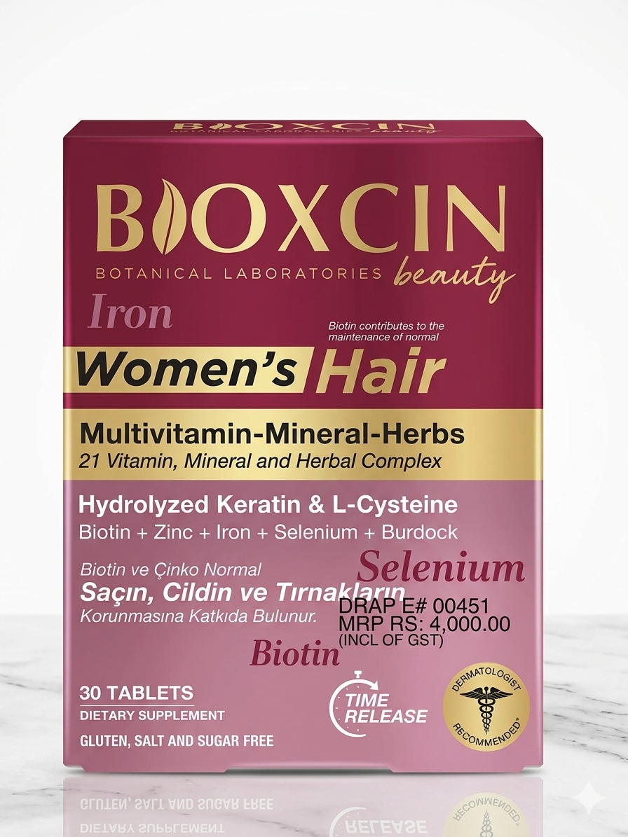 Bioxcin Beauty Women's Hair Supplement (30 Tablets) | Biotin, Keratin & Iron Multivitamin for Hair Growth & Nail Strength in Pakistan Dr Habib's Hair Transplant Bannu